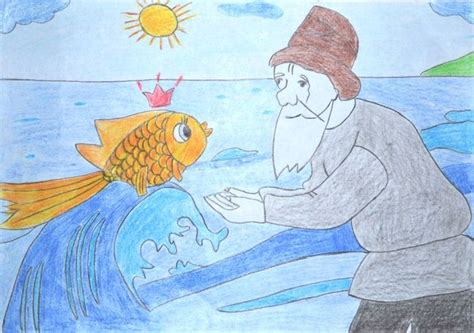 Сказка о рыбаке и рыбке картинки и детские рисунки.