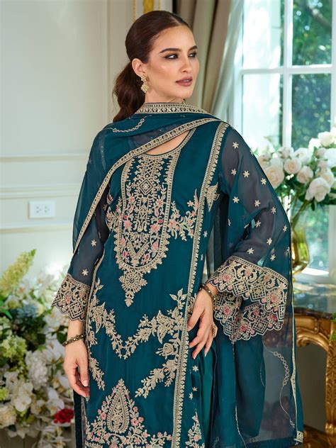 Teal Embroidered Organza Straight Kurta Sets With Dupatta