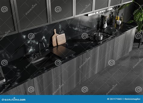 Dark Kitchen Room Interior with Grey Marble Wall, Concrete Floor Stock ...