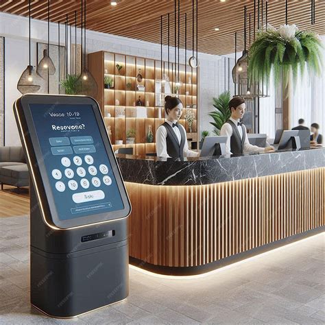 Reception desk with a digital kiosk for self check in | Premium AI ...