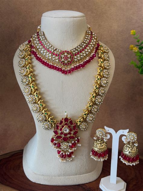 JADAU KUNDAN SEMI BRIDAL JEWELLERY SET | LOTUS PENDANT WITH PINK & WHI ...