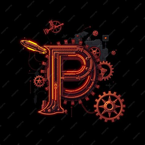 Steampunk Pixel Art Letter P Steam Powered Cogwheels Turning Floating Airships Around Neon ...