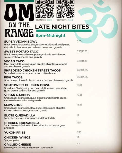 Menu at Om on the Range restaurant, Chico