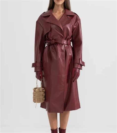Shop Burgundy Leather Trench Coat with Belt on Sale - Stegaro