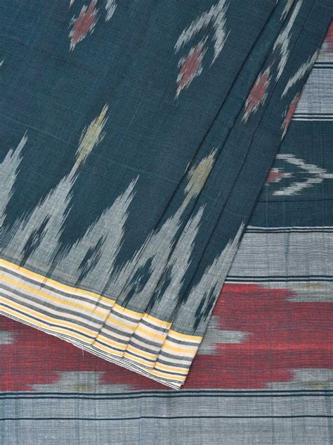 Teal Pochampally Ikat Cotton Handloom Saree with Temple Border Design ...