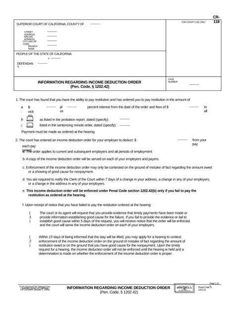 California Income Deduction Order Form CR-118 - Blank Fillable Template ...