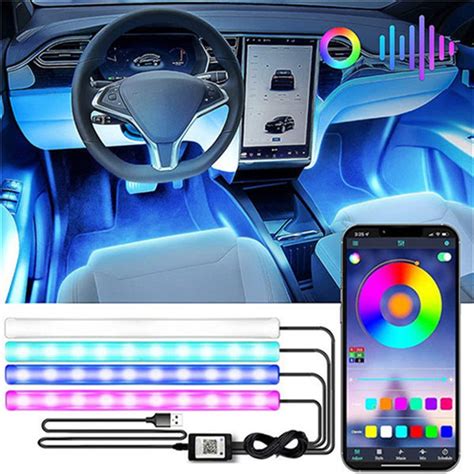 RGB Color Changing Interior Car Lights 12/24/48 LED Strip Lights APP ...
