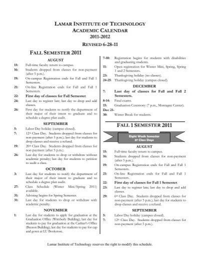 lamar institute of technology academic calendar fall semester 2011 ...