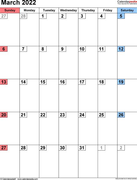 March 2022 Calendar | Templates for PDF, Excel and Word