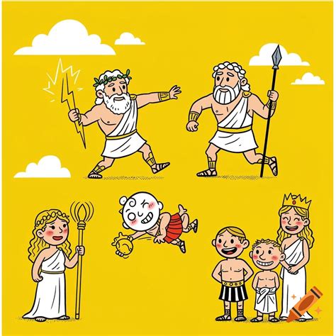 Cartoon Greek gods including Zeus, Ares, Aphrodite, Hera, and Hephaestus on a yellow background ...