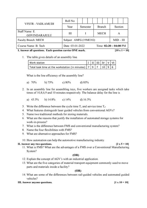 19ME302 MID 3 SET 1 - VFSTR - VADLAMUDI Roll No Year Semester Branch ...