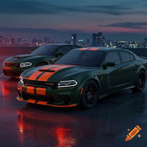 Two dark green Dodge Chargers with orange racing stripes and orange accents parked on a city ...