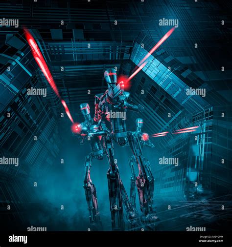 Roboter patrol Angriffe / 3D-Darstellung der science fiction Szene mit ...
