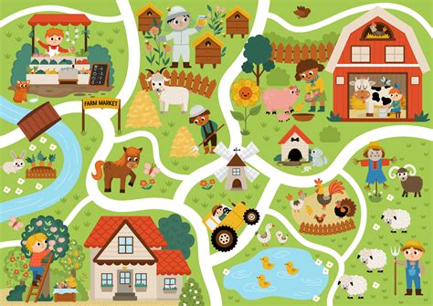 Farm village map. Country life background. Vector rural area scenes infographic elements with ...