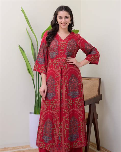 Maroon Floral 2 PC Embroidered ALine Cotton Kurta Palazzo Set For Women ...