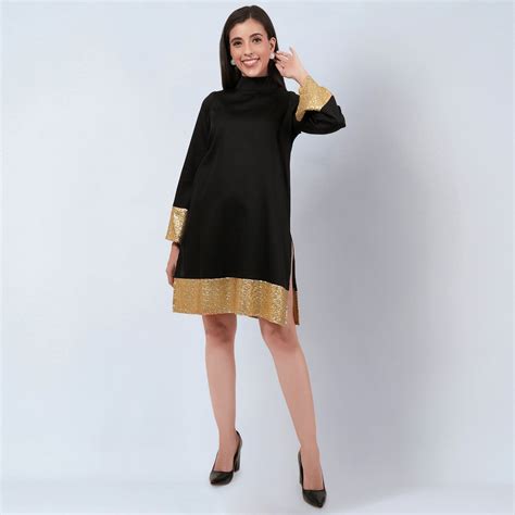 Black Cotton Satin Tunic Dress with Gold Sequin Border – First Resort ...