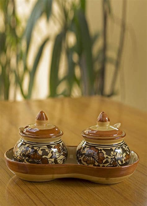 Get Brown Floral Hand Painted Ceramic Pickle Jar Set with Tray at ₹ 799 ...