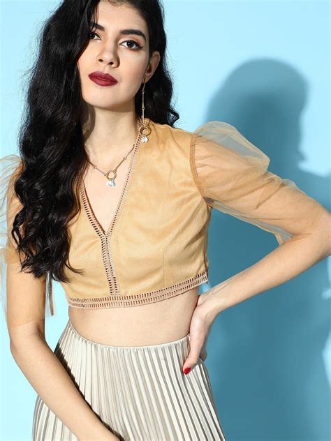 Buy Women Dark Beige Mesh V-Neck Crop Top Online at Sassafras