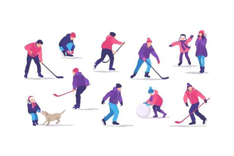 冬季户外溜冰场打曲棍球的人物活动场景矢量插画素材 - 25学堂