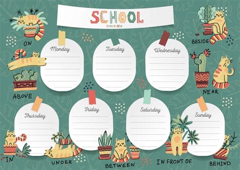 Plan zajęć dla ucznia w formie naklejek z miejscem na notatki | Wektor ...