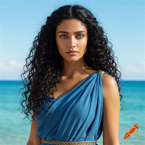 Photorealistic portrait of an ancient Greek woman with long black curly ...
