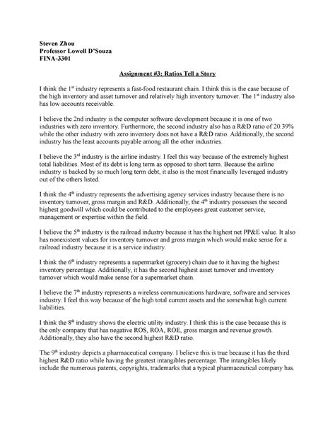 347037454 Corporate Finance Ratios Tell a Story - Steven Zhou Professor ...