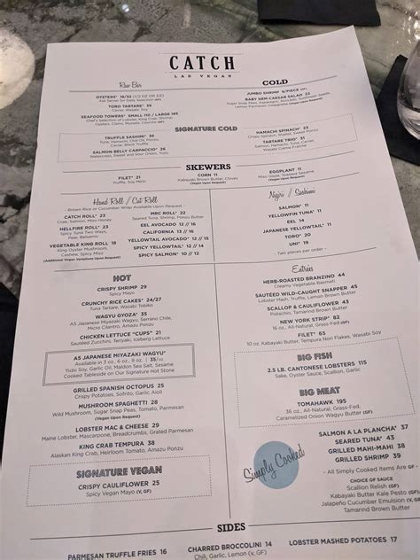 Menu at CATCH restaurant, Las Vegas