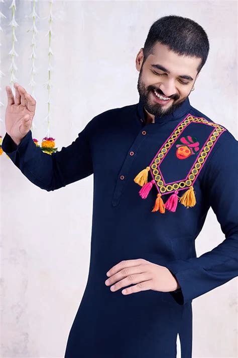 Navy Color Real Mirror Work Navratri Special Mens Kurta Collection