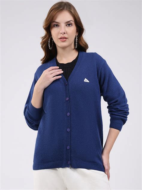 Buy Women Blue Solid V Neck Full Sleeve Cardigan Online in India ...