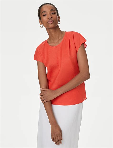 Buy Pure Irish Linen Pleated Round Neck Blouse at Marks & Spencer