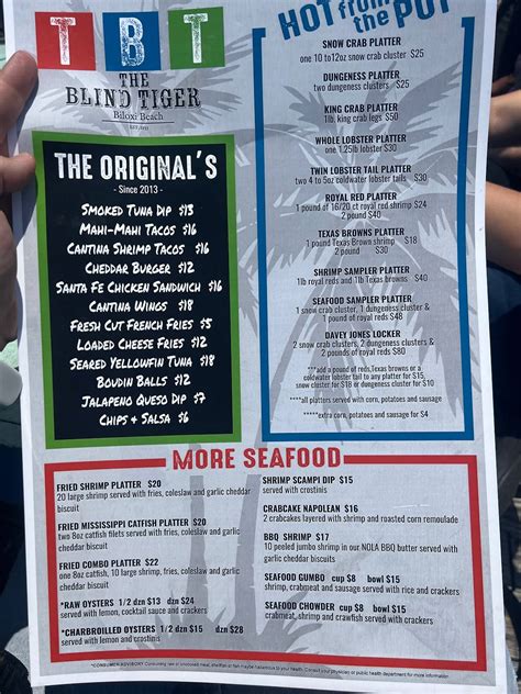 Menu at The Blind Tiger Biloxi Beach pub & bar, Biloxi