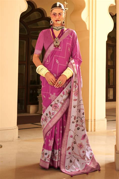 Buy Hibiscus Pink Floral Printed Banarasi Saree Online - MySilkLove