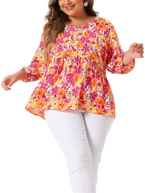 Agnes Orinda Women's Plus Size Babydoll Tops Floral 3/4 Sleeve Shirts ...