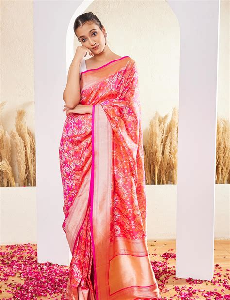 Shop Online Fuchsia Pink Handwoven Pure Katan Silk Saree|Noida's ...