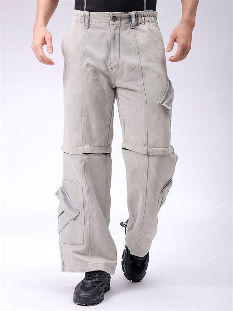 Men's Grey Baggy Solid Mid-Rise Convertible Cargo Denim