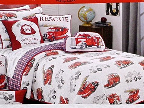 Red Fire Engines Fire Trucks 3 Piece Full Queen Quilt and Shams Set ...