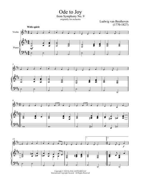 Ode To Joy by Ludwig Van Beethoven Sheet Music for Violin and Piano at ...