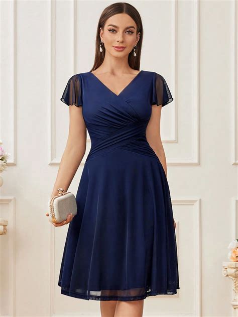 MIUSOL Surplice Neck Ruched Waist Overlay Cocktail Party Swing Dress ...