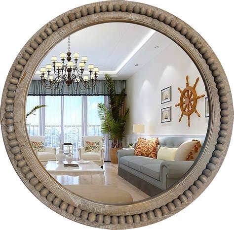 dwellington Rustic Round 24 Inch Wood Wall Circle Mirror with Beads ...