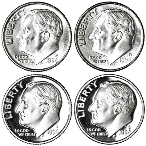1994 P D S S Roosevelt Dime Year Set Silver & Clad Proof & BU US 4 Coin ...