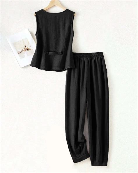 Sleeveless Button Vest & Relaxed Fit Trousers Set in Black – Littlebox ...