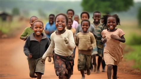Group of cheerful African children running joyfully along a dirt road ...