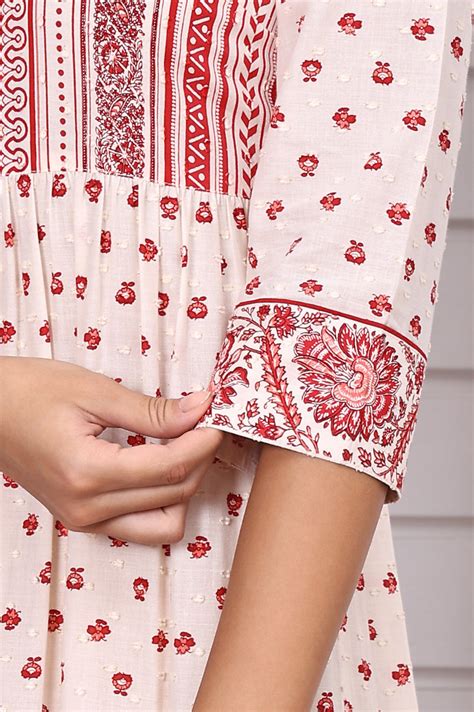 Buy White and Red Abstract Printed Cotton Lurex Tiered Dress Online for ...