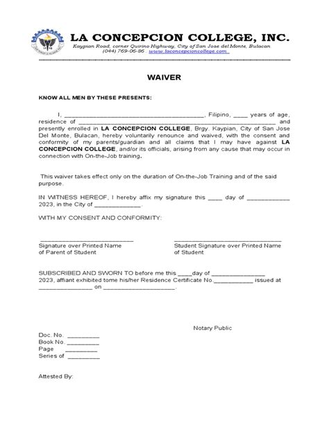 Image result for Waiver Statement Example