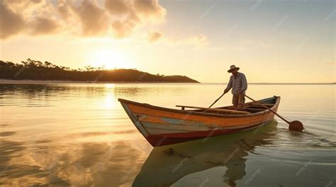 Premium Photo | A man in a boat with a sunset in the background