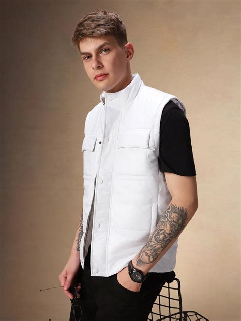 Men's Solid White Stand Collar Sleeveless Gilet Jacket – DENNIS LINGO