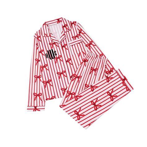 Personalized Monogram Red Bow Print Pajama Set, Womens Teens Holiday ...