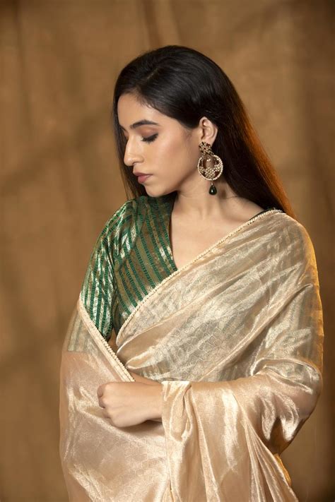 Golden Beige Bollywood Tissue Party Wear Saree with Pearls Border ...