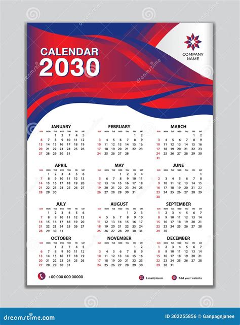 Wall Calendar 2030 Template On Red Wave Background, Calendar 2030 ...
