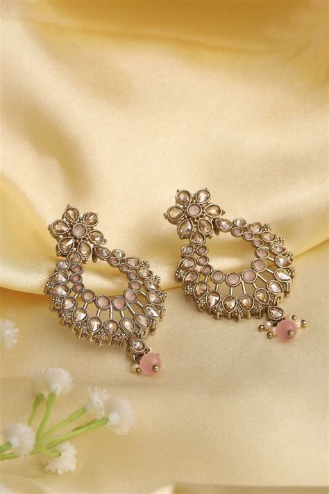 Buy Light Pink Gold Plated Alloy Studded Chandbalis Online at Biba India